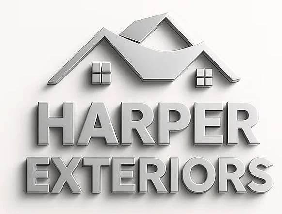 Harper Exteriors logo with stylized gray house roof design and company name in metallic letters